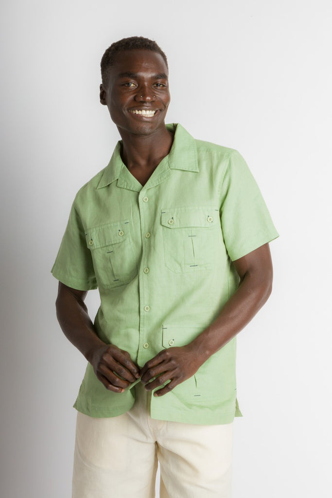 Mstar | Men's Linen Cotton Blend Short Sleeve Safari Shirt Basil / M