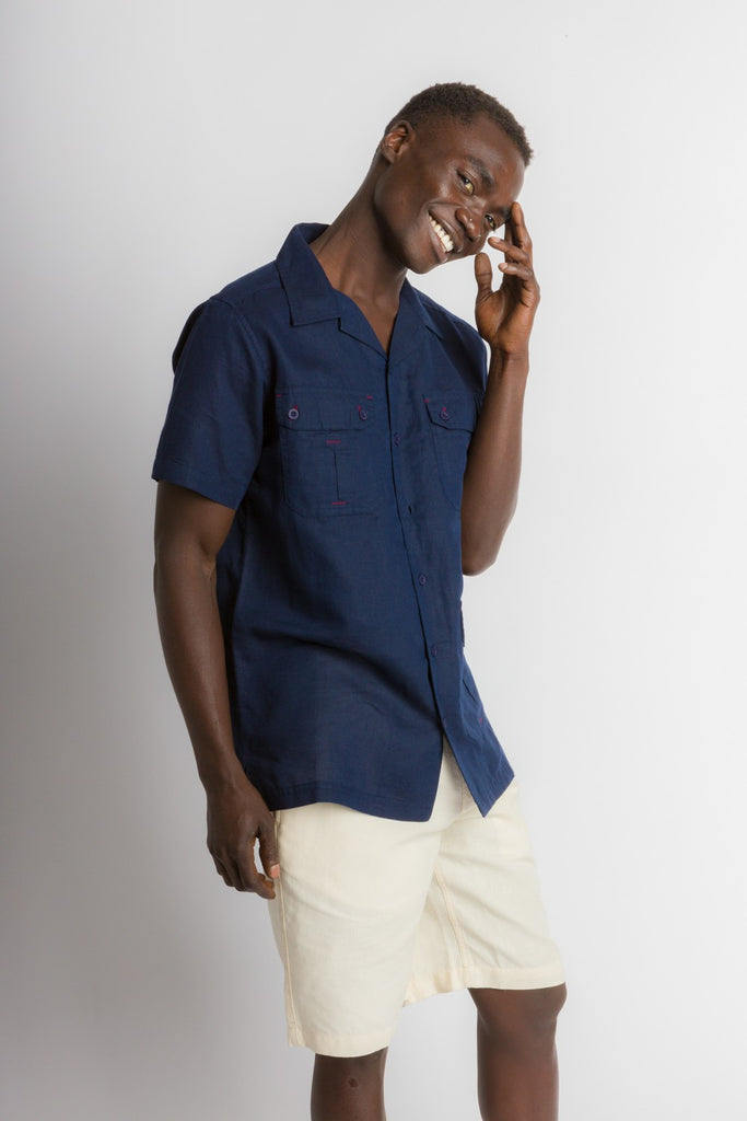 MStar | Men's Linen Cotton Blend Short Sleeve Safari Shirt